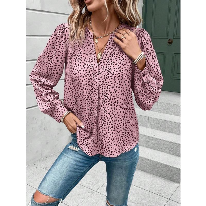 Women's Fashion Casual Spring Fall Polka Dot Print Long Sleeve V-Neck Blouses & Shirts