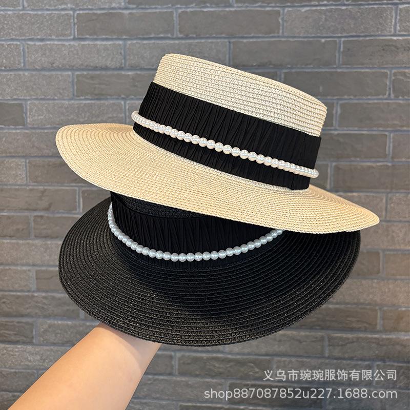 French pearl chain flat top straw hat women's sunshade summer straw weaving flat edge travel vacation seaside beach sun protection hat