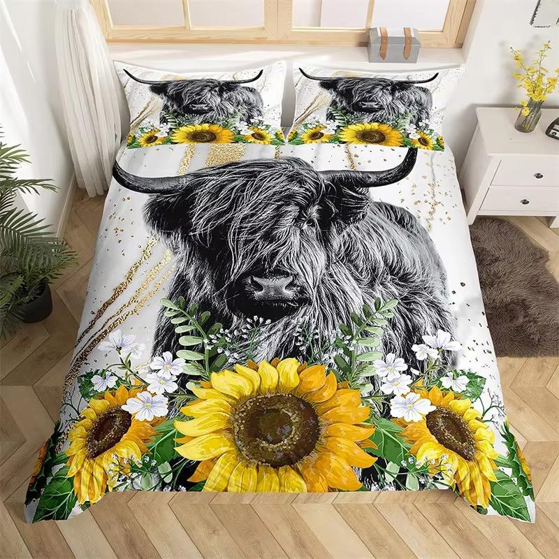 Kids Highland Cattle Flower Duvet Cover Set Farm Animal Bull Cow Comforter Cover Microfiber Western Cowboy Twin King Bedding Set