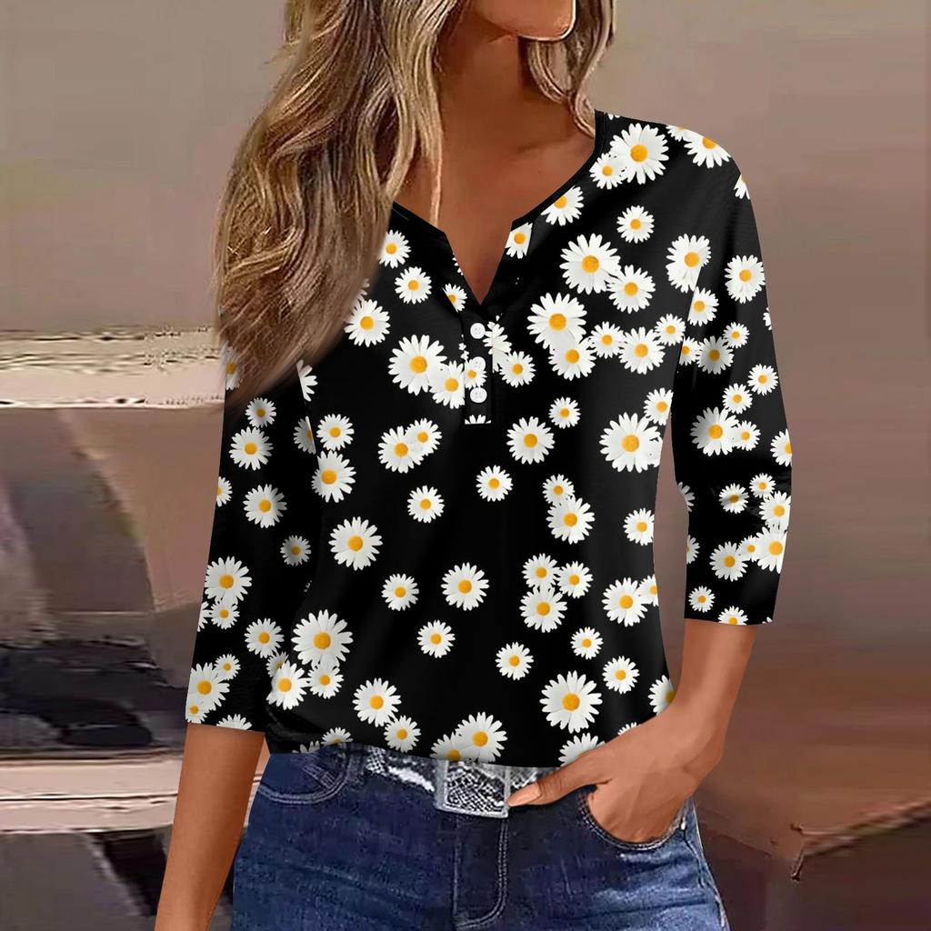 Жен. Футболка Футболка С принтом Пуговицы Рукав 3/4 Повседневные Выходные Мода Классический Классический V-образный вырез Обычный Верх