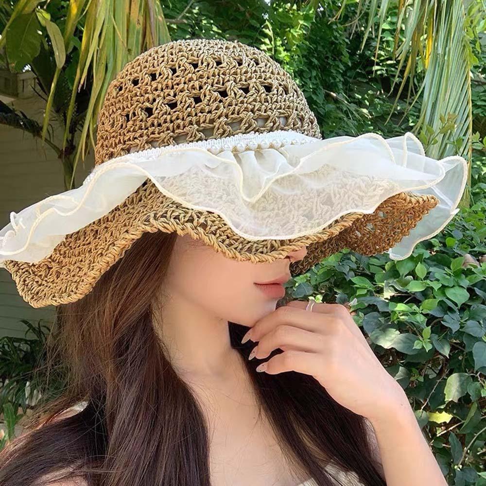 Breathable Lace Pearls Sun Cap Portable Big Brimmed Woven Cap Sweet Straw Weaving Beach Hat  Spring