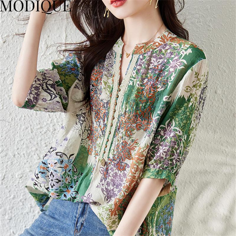 MODIQUE, летняя женская хлопковая блузка большого размера, шифоновые рубашки с цветочным принтом, летние пальто большого размера, пуловер с v-образным вырезом и короткими рукавами на пуговицах