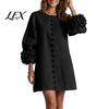 Floral Mini Dress 3D Flowers Long Sleeve for Women, Solid Color Loose Fit Dress, Lantern Casual Short Fall with