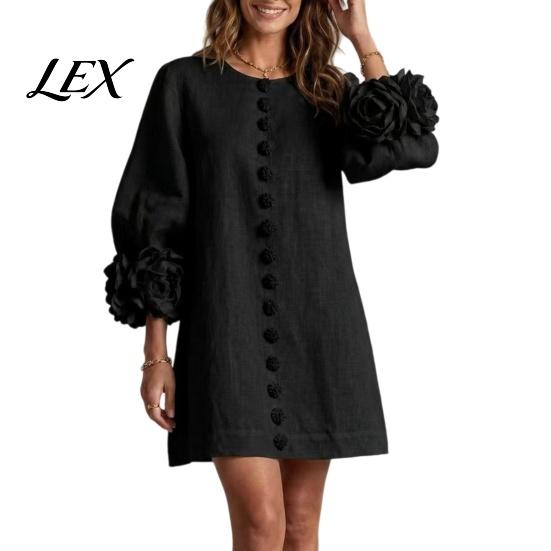 Floral Mini Dress 3D Flowers Long Sleeve for Women, Solid Color Loose Fit Dress, Lantern Casual Short Fall with