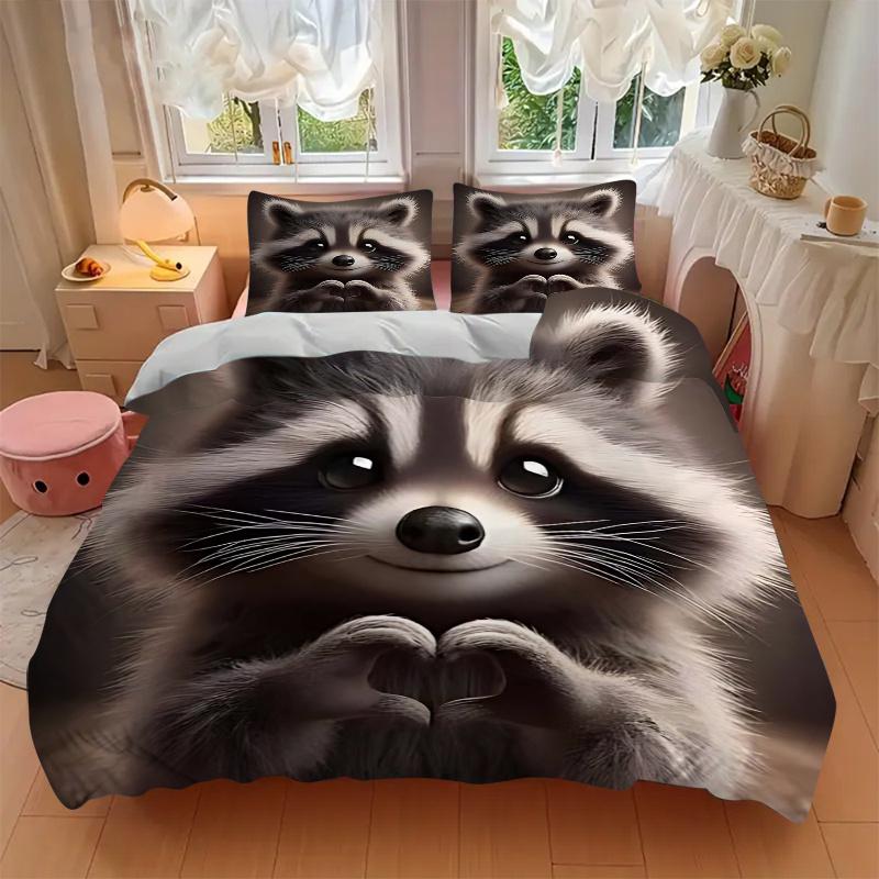 3pcs Raccoon with 1 Comforter and 2 Pillowcases (No Core) - Cute Animal for Bedroom, Festival Gift, Polyester Fabric, Anime Design, Suitable for Livin