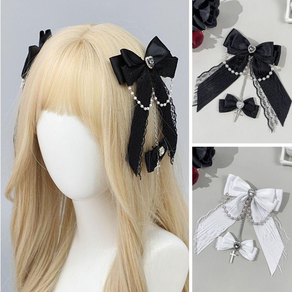 Chain Detail Lace Bow Hair Clips Rhinestone Decoration Side Barrettes Hair Clip Punk Style