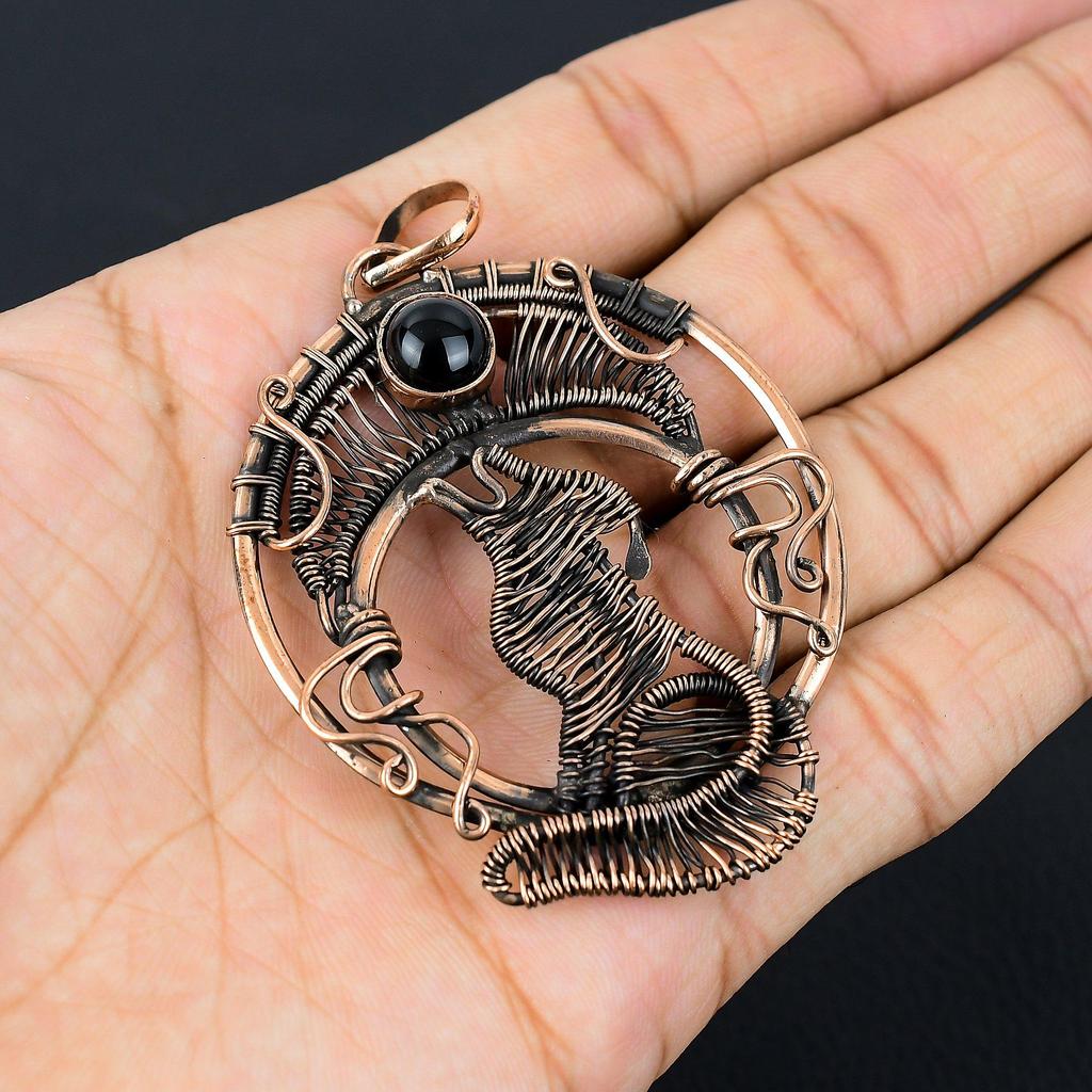 Черный драгоценный камень оникс чистая медная проволока обернутая ювелирные изделия ручной работы кулон