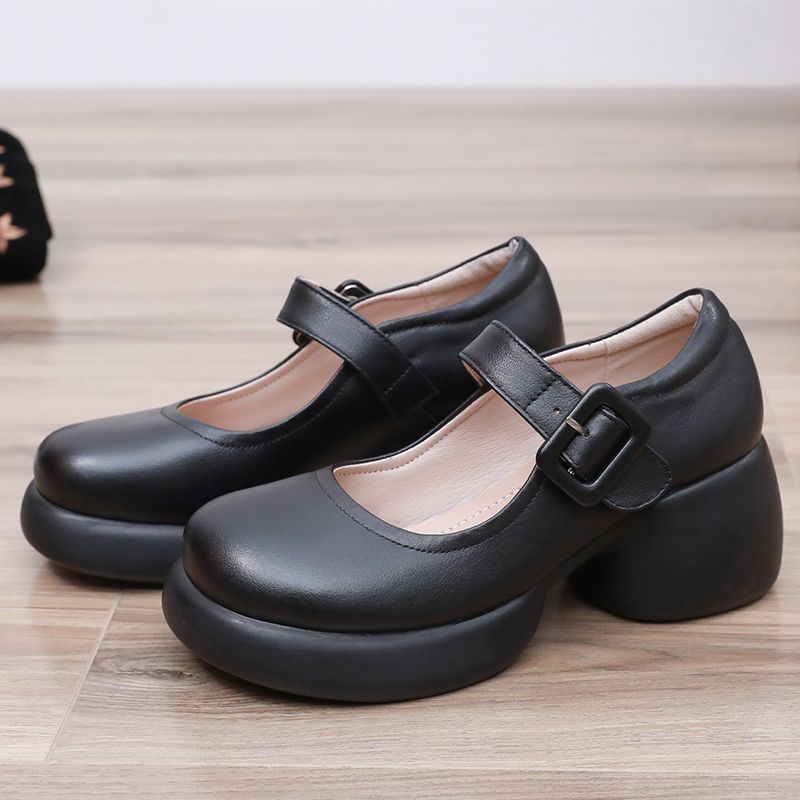 Женские туфли-лодочки на платформе с пряжкой и ремешком, с круглым носком и высоким каблуком, туфли Мэри Джейн для женщин 2024 года, новые элегантные черные туфли из искусственной кожи