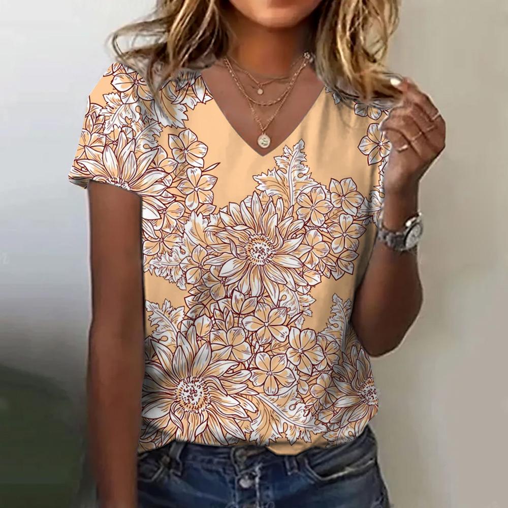 Women's T-shirt Floral Print Summer Loose and Comfortable Short-sleeved Pattern V-neck Casual T-shirt Casual Elegant Clothing