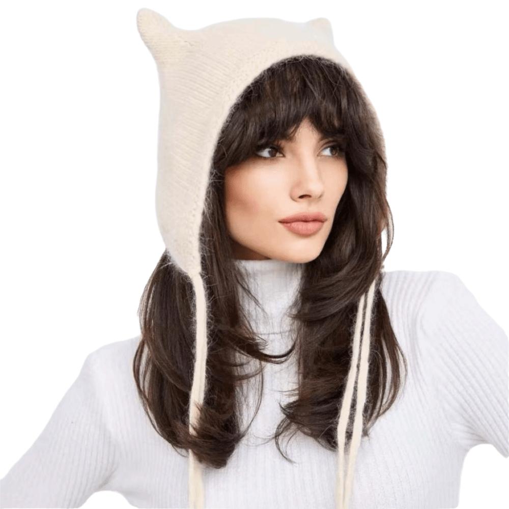 Soft Knit Winter Hat Laced Up Plush Fluffy Hat Cozy Cat Ear Beanie  For Women