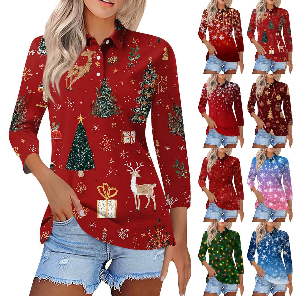 Women's Fashion Casual Lapel Short 3/4 Sleeve Christmas Print Shirt Women's Button Up Tops