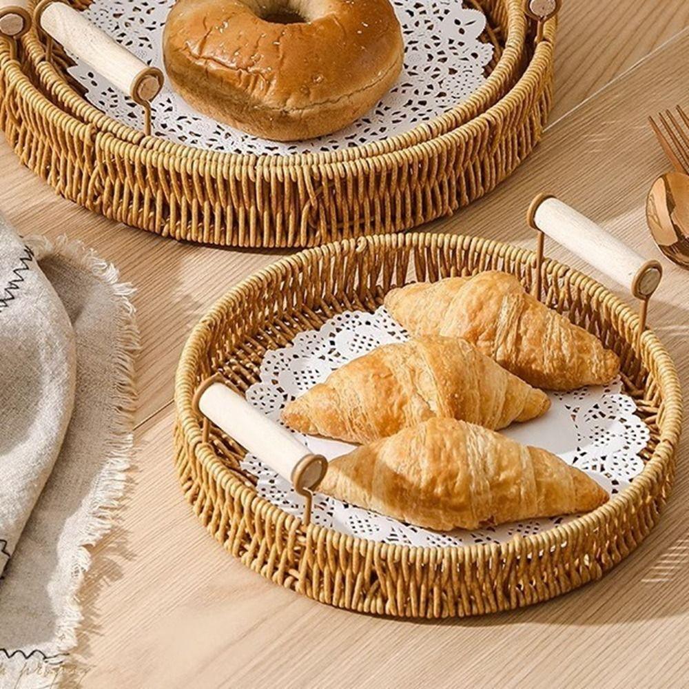 Plastic Round Rattan Storage Tray Handmade Bread Fruit Storage Tray Wicker Storage Baskets Office