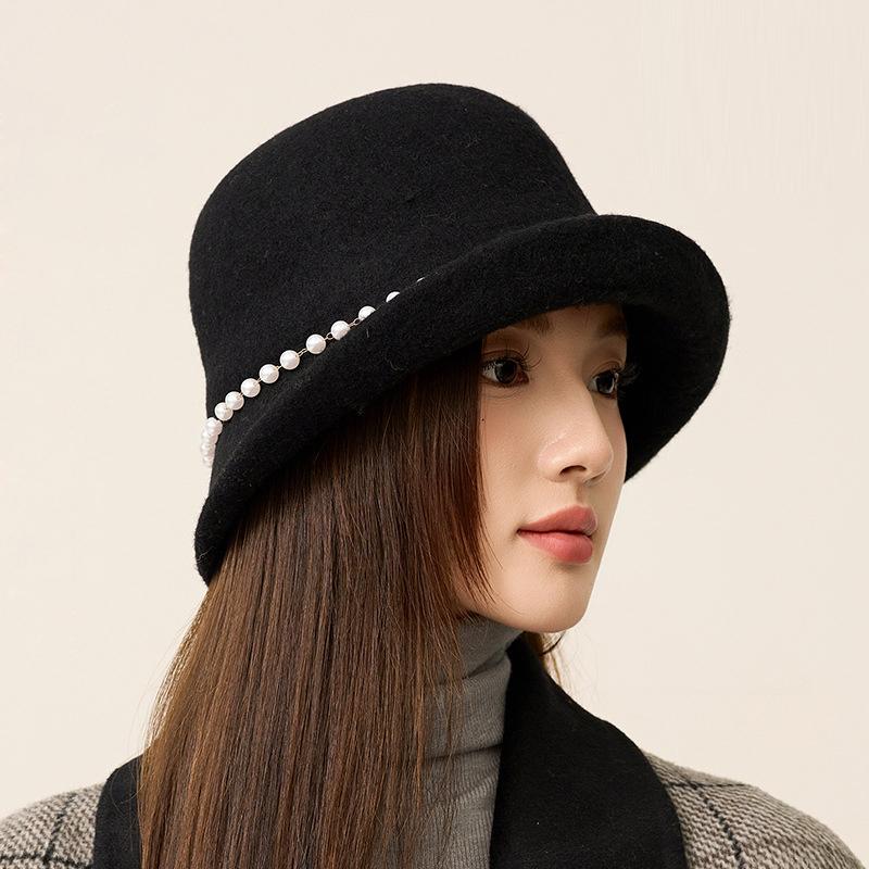 Pearl Wool Top Hat Women's Dome Hat Autumn Winter Warm Bucket Hat