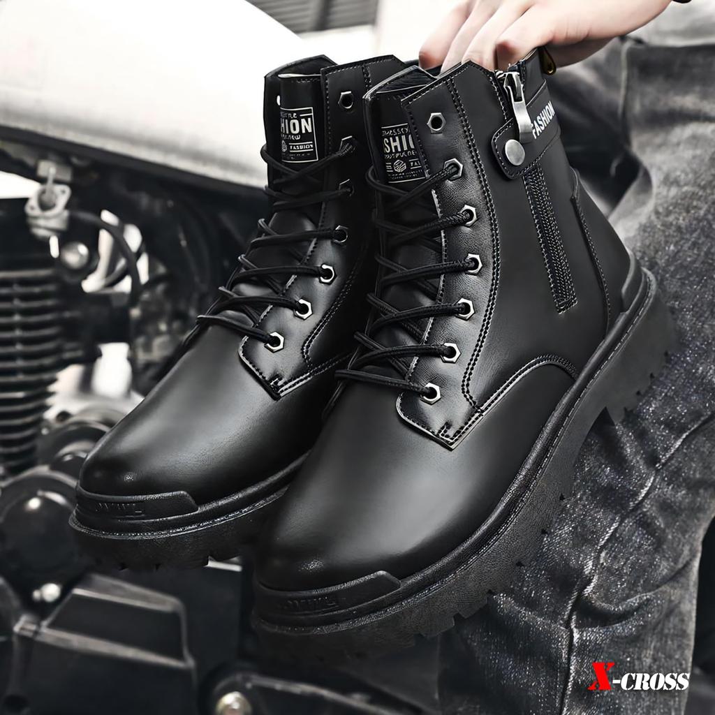 Cross Short Boots Black Side Zip Thick Sole Bike Lace Up Lace Up Side Zipper Business Military High Cut Easy To Wear Casual Boots Zip Side Zipper