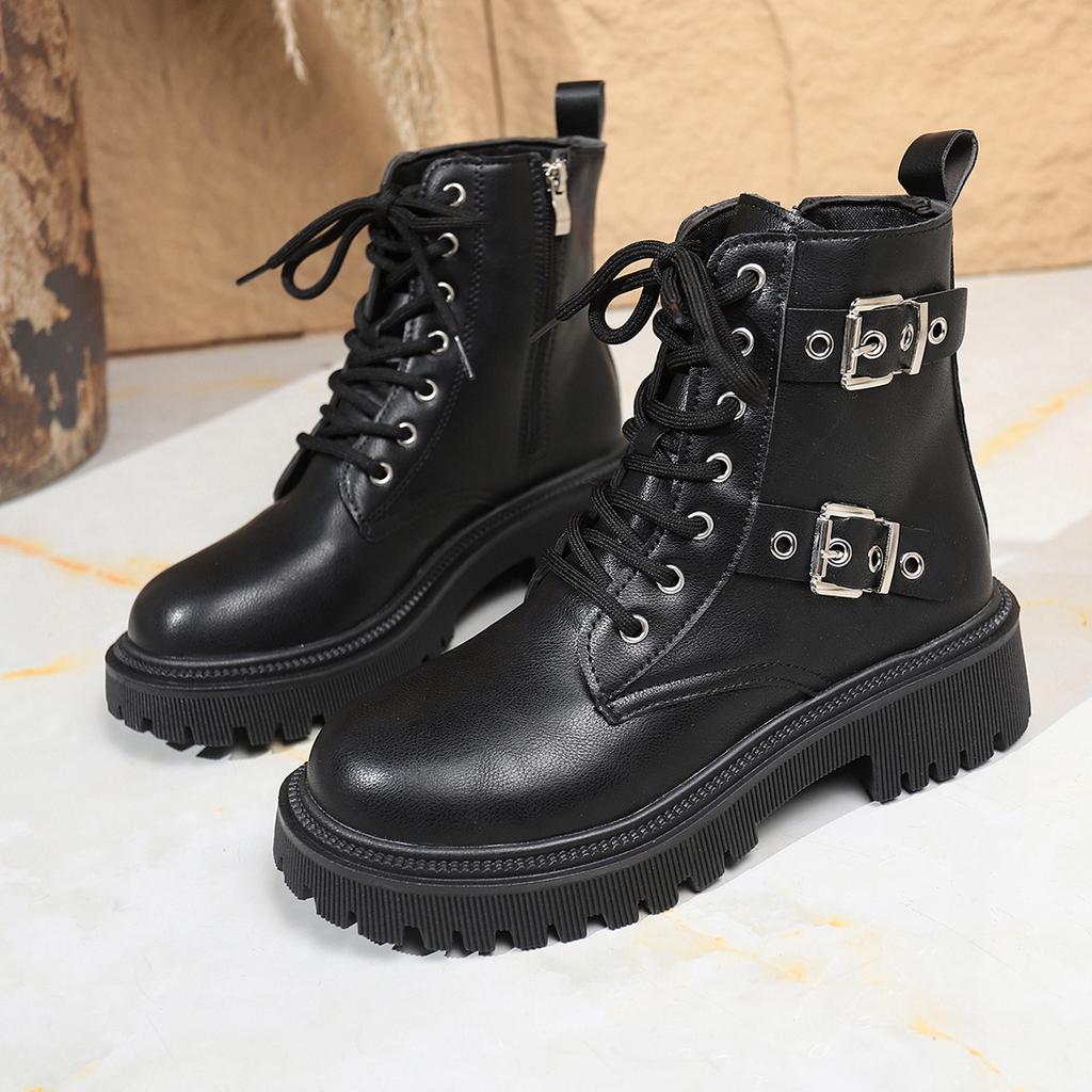 Большой размер двойной ремень декоративная пряжка ботинки Мартин женские осень и зима новые круглый носок британский стиль локомотивные ботинки