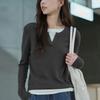 Spring Autumn Round Neck Fake Two Pieces Long Sleeve T-shirt Women Casual Fashion All-match Top Pullover Tee