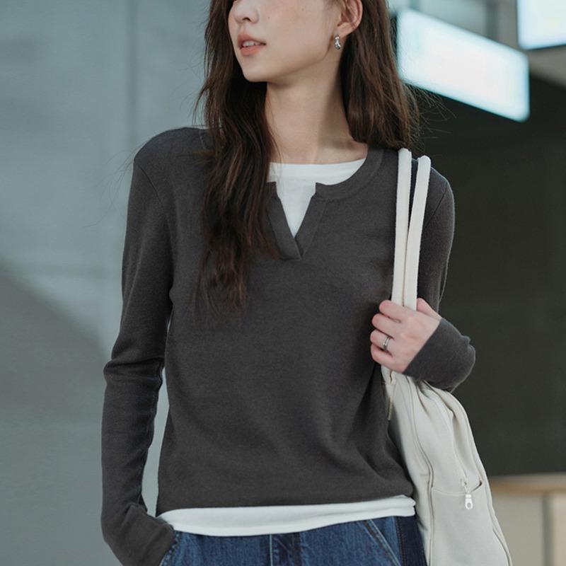 Spring Autumn Round Neck Fake Two Pieces Long Sleeve T-shirt Women Casual Fashion All-match Top Pullover Tee