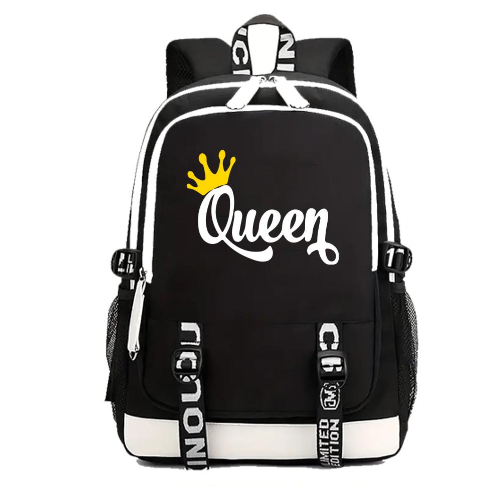 Рюкзак с принтом букв King Queen для женщин и девушек, модный дорожный рюкзак с регулируемыми плечевыми лямками, уличная школьная сумка для пары