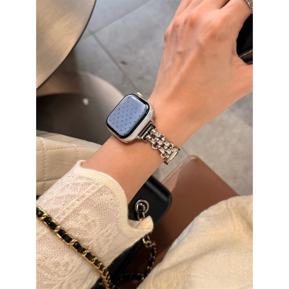 Женская металлическая цепочка со вставками из кожи ремешок для Apple Watch 11 10 46мм 42мм Браслет Ultra 3 2 49мм 9 8 7 6 5 4 SE 45мм 44мм 41мм 40мм