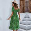 Spring Summer Long Print Women Casual Bohemian Short Sleeve High Waist Flroal Dresses For Ladies Leisure