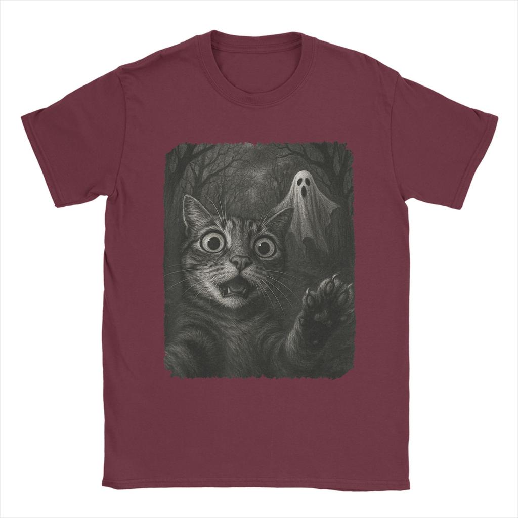 Men T-Shirt Cat Selfie with Spooky Ghost Funny 100% Cotton Tee Short Sleeve Funny Halloween T Shirts Round Neck Clothes Graphic