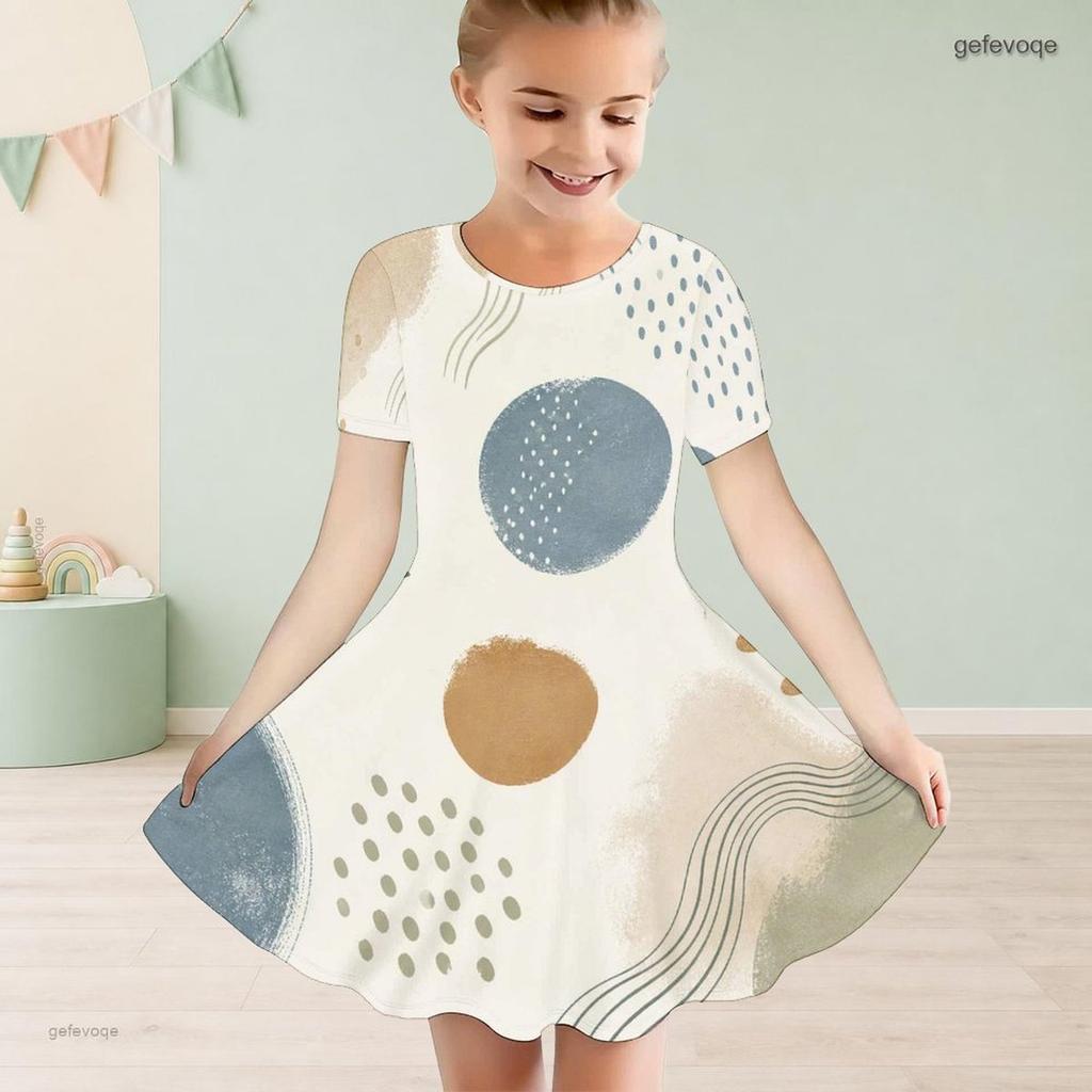Girls Round Neck Short Sleeve Abstract Floral Printed A Line Flared Dress
