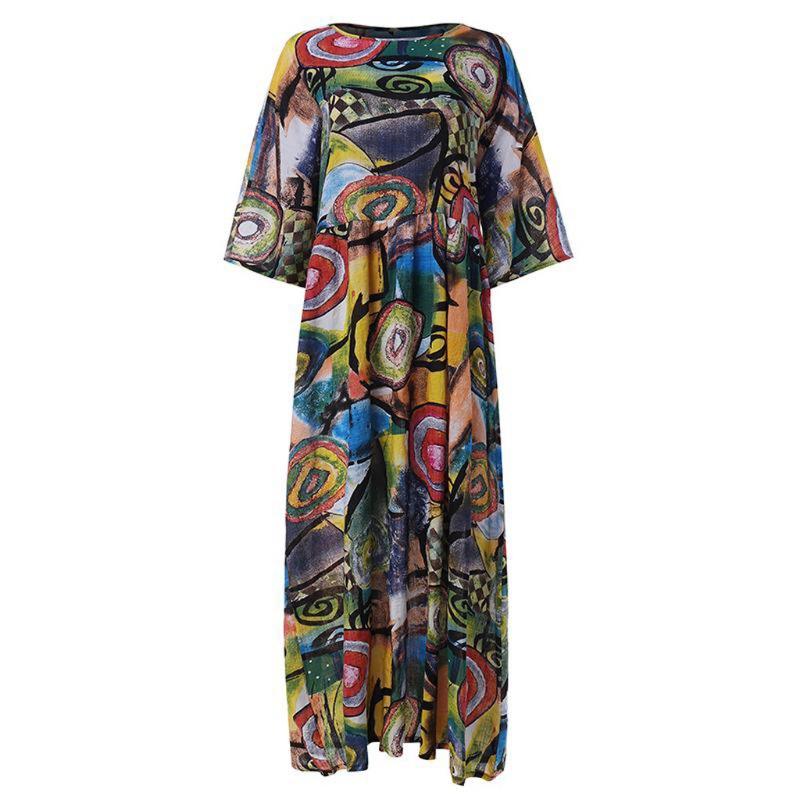 Женское длинное винтажное богемное платье с плиссированными рукавами и принтом на талии
