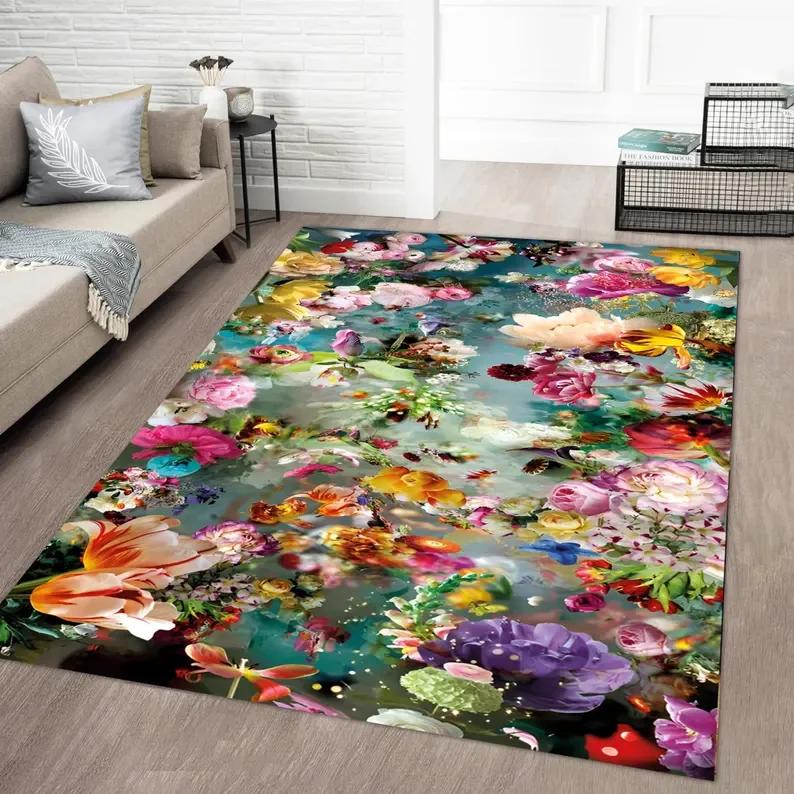 Green Flowers Rug Colorful Boho Decor Living Room Bedroom Rug Home Decoration Retro Carpet