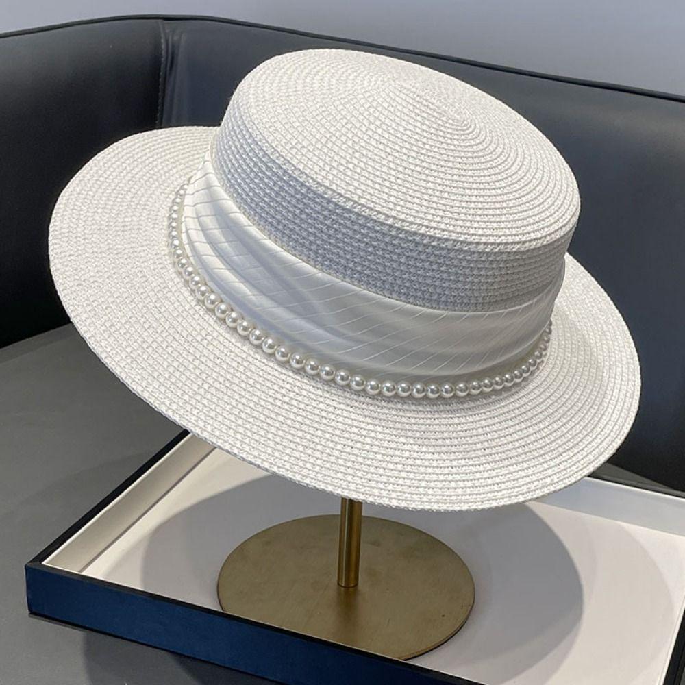 Straw Weaving Flat Sun Cap Pearl Chain Weave Bucket Hat Casual Wide Brim Straw Hat Party