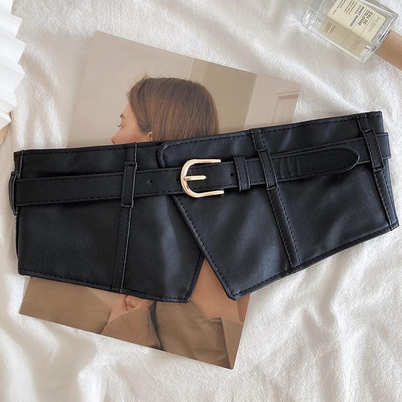 Женский черный широкий поясной ремень: Декоративная, эластичная, универсальная для юбок и пальто.