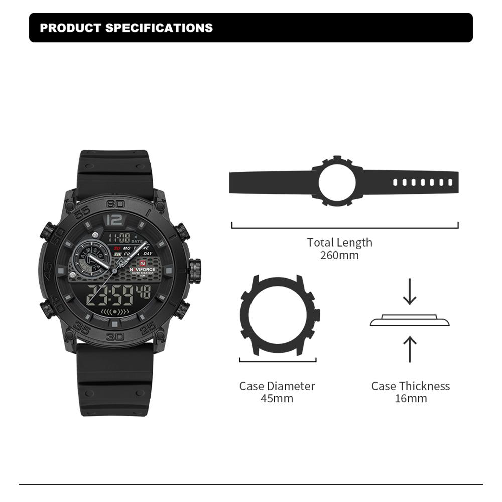 Naviforce Мужские спортивные часы Кварцевый механизм ЖК-цифровые часы Дата День Хронограф Водонепроницаемый силиконовый ремешок Мальчики Многофункциональные часы NF6104