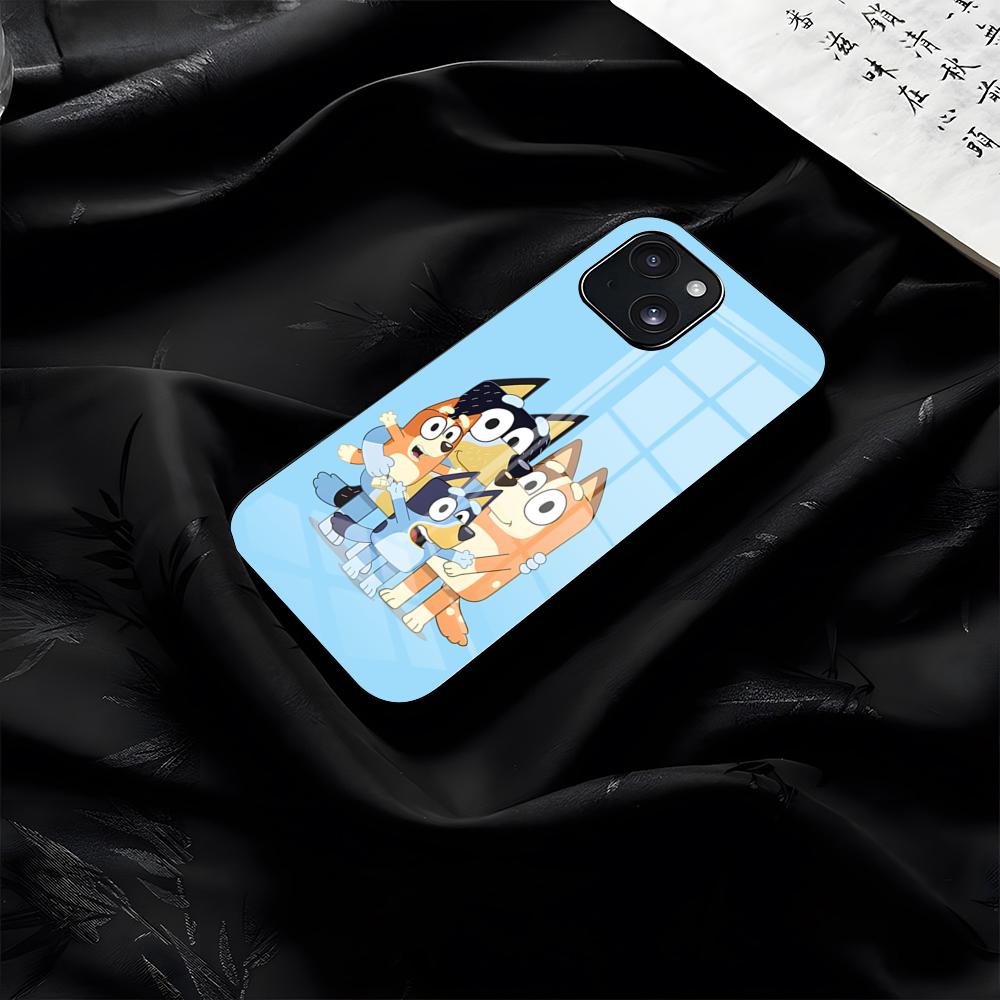 B-Bluey-es Мультяшный чехол для телефона для iPhone 17 Pro Max 16 15 14 Pro Max 13 11 Plus Стеклянная крышка