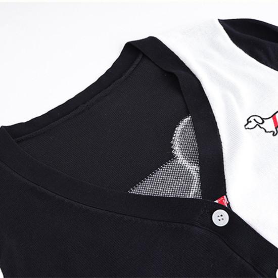 Весна Осень V-образный вырез Вышивка Собака Вязаный свитер Пальто Куртка Женская мода Контрастный цвет Длинные рукава Джемперы