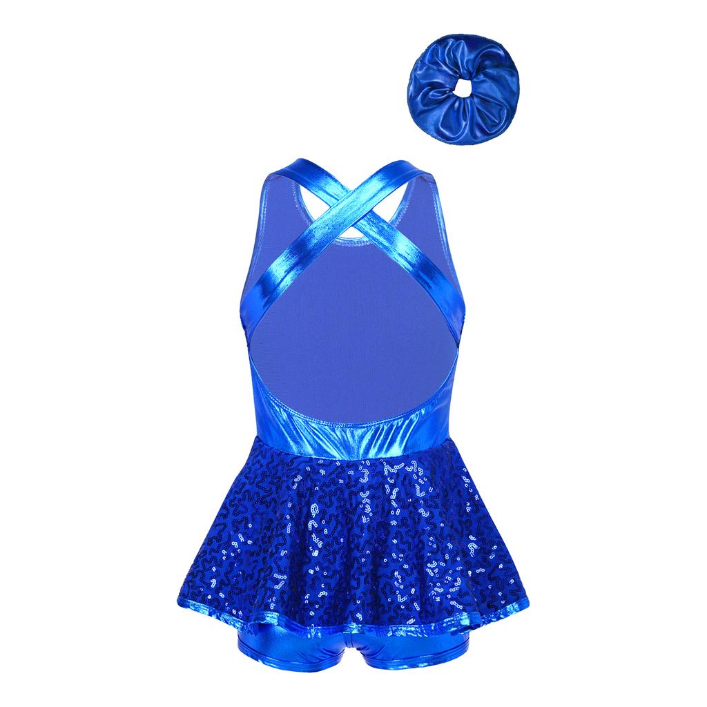 Girls Shiny Sequin Sleeveless Dance Leotard Criss Cross Back Waist Bowknot Dress with Hair Band
