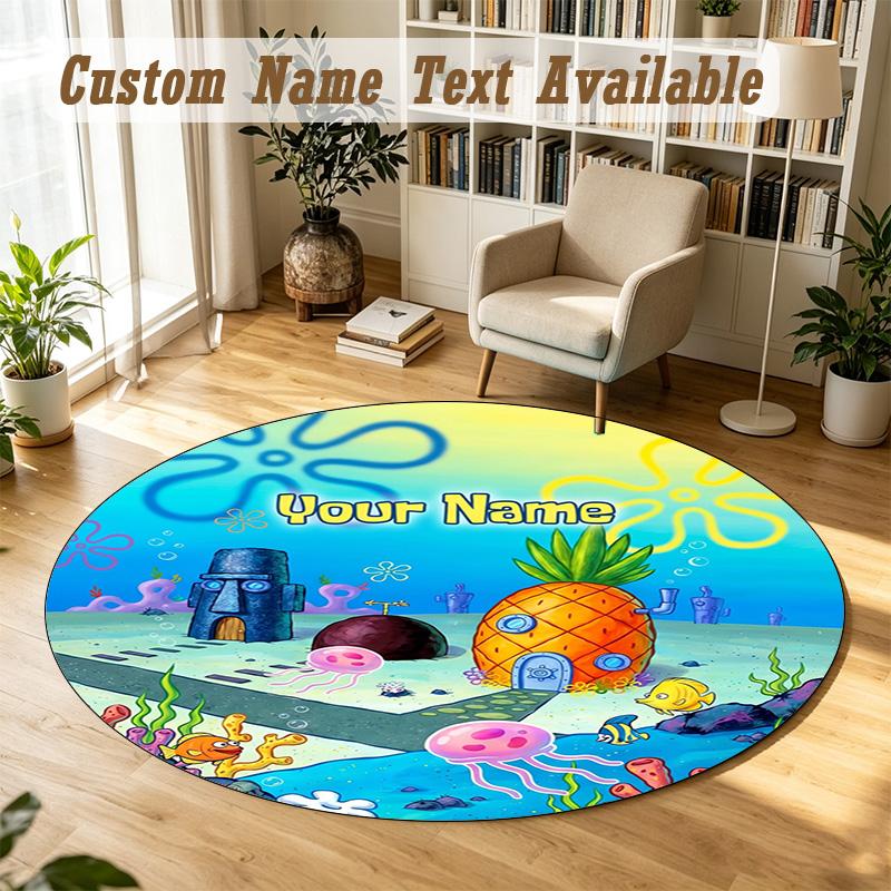 Round Rug Custom NameSpongeBob Pattern Non Slip Carpet Home Floor Decor