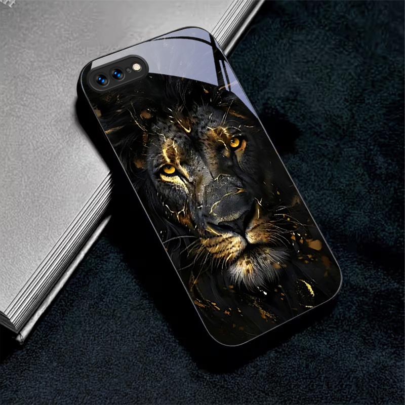 Чехол для телефона Apple Черный с Золотым Львом Для iPhone 17 16 15 14 13 12 Mini 11 Pro Max 17 Air 7 8 Plus XR X Стеклянная Задняя Крышка