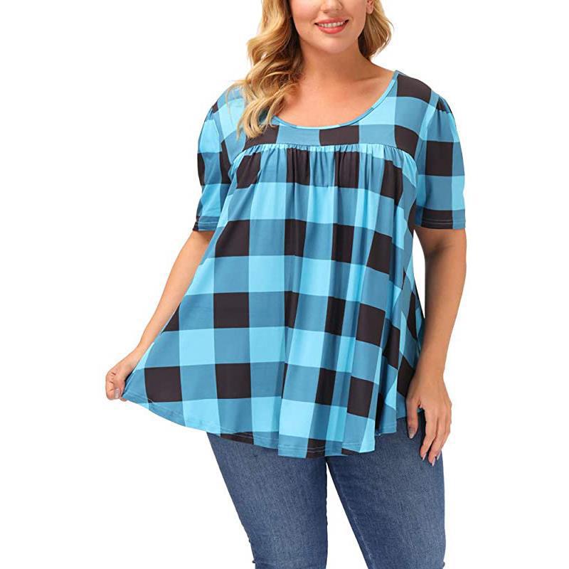 Летняя женская блузка с коротким рукавом, свободная клетчатая рубашка с круглым вырезом и принтом, топ