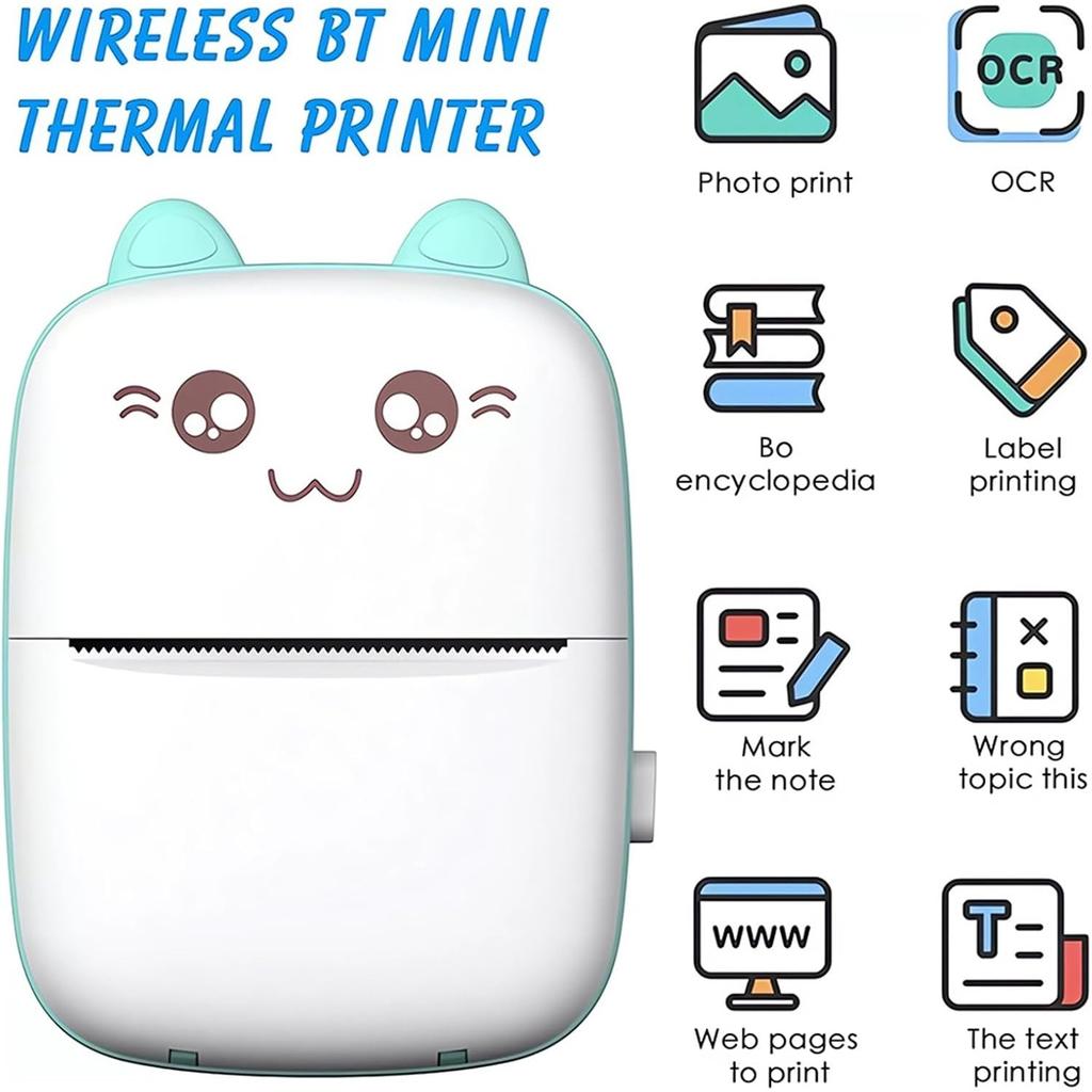 Cute Cat Wireless Bluetooth Mini Thermal Printer, Portable Pocket Printer for Photos, Notes, Labels & Study Materials (1000mAh Rechargeable) (Blue)