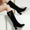 Fashion New Knee High Boots Women Shoes Ladies Fashion High Heels Winter Party Tassel Thick Bottine Mujer Large Size 32-43 Red Black