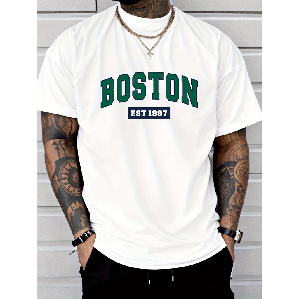 Men'S Boston Est. 1997 Graphic Print T-Shirt Casual Crew Neck Short Sleeve Tee with Slight Stretch Regular Fit Letter Pattern