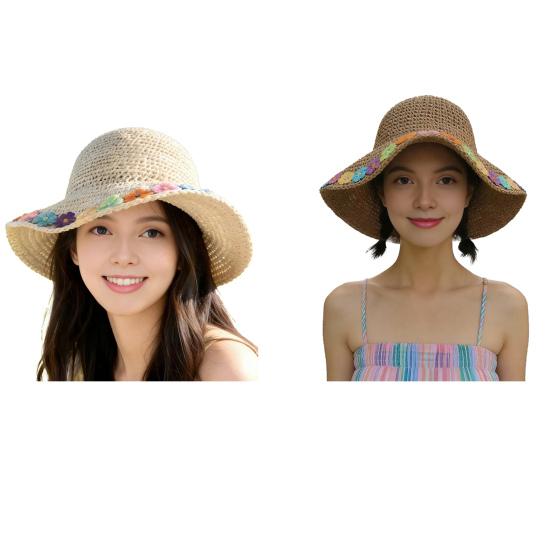 Beach Hat Hollow Design Large Eaves UV Blocking Colorful Flower Decoration Sun Protection