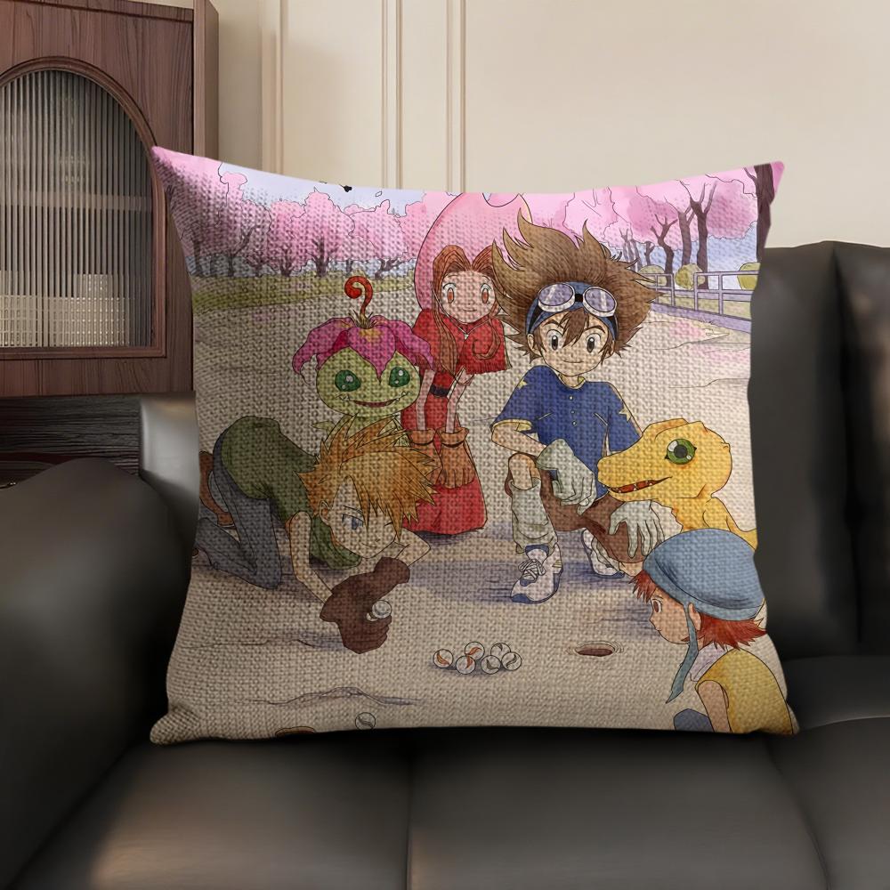 Anime DDigimon AAdventure Cushion Cover Natural Linen Organic Fabric DoubleSided Printing Sofa Home Decor Gift Pillow Case