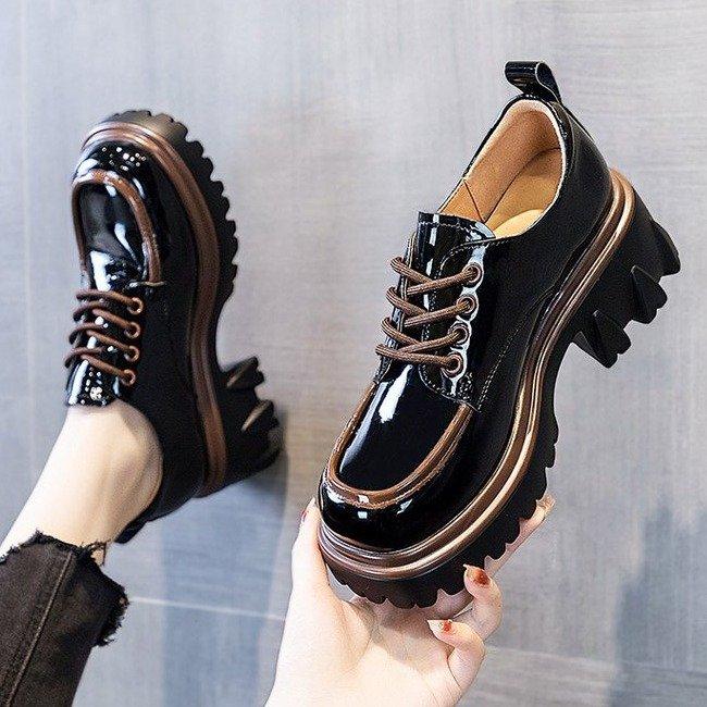 Осенняя женская обувь в британском стиле, женские туфли-лодочки на толстой платформе, весенние туфли 2024 года на шнуровке, женские туфли из лакированной кожи с круглым носком