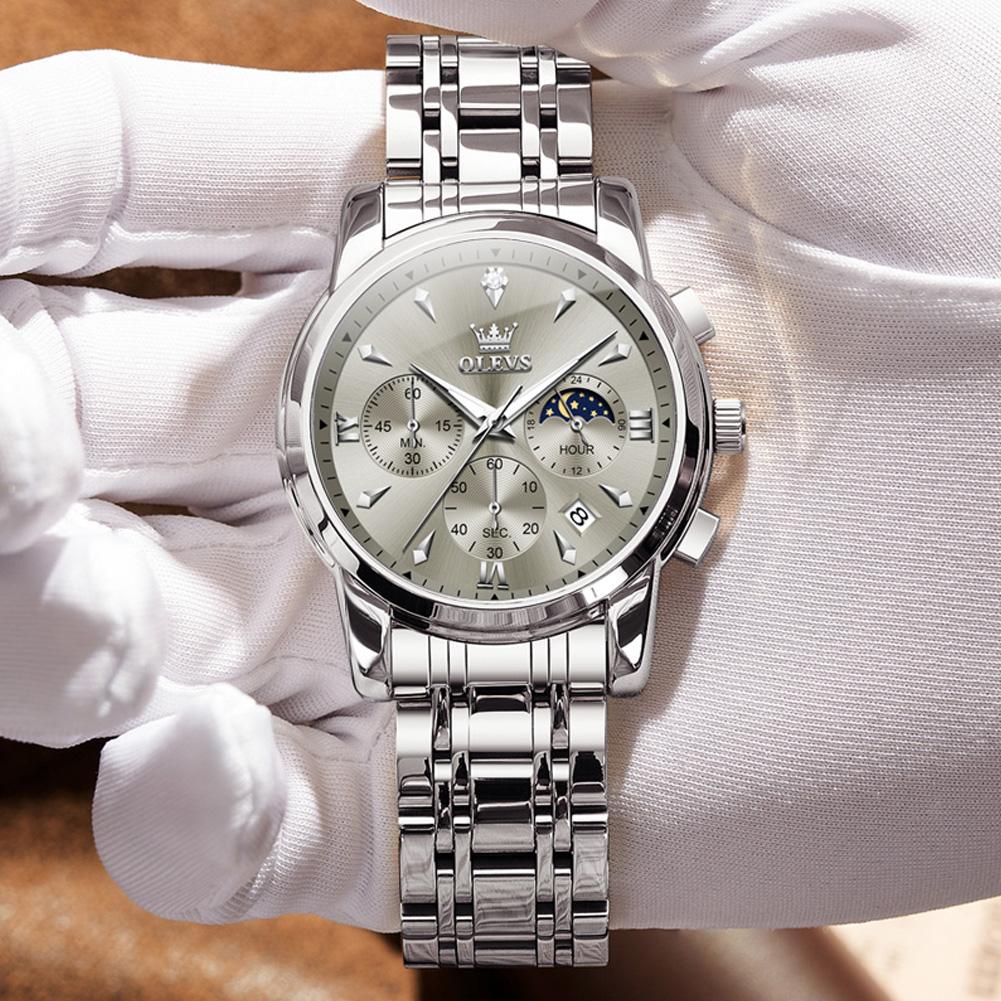 Роскошные кварцевые часы-хронограф для мужчин, модные многофункциональные, с фазой Луны, водонепроницаемые, с люминесцентной подсветкой, с датой, деловые мужские часы