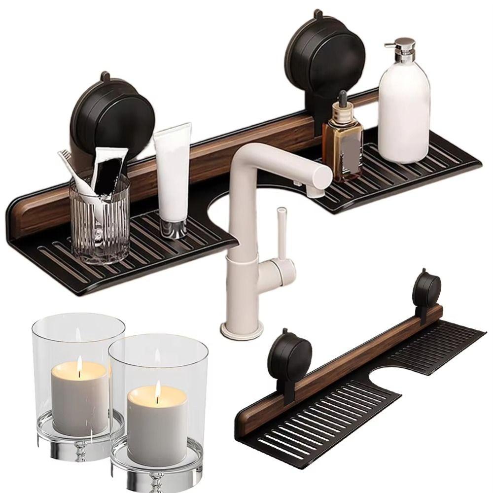 No Drill Suction Cup Bathroom Shelf Walnut Finish Over Faucet Sink Rack Heavy Duty Storage Rack  RV