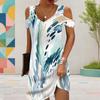 Women Plus Size V Neck Cold Shoulder Short Sleeve Abstract Printed Casual Dress