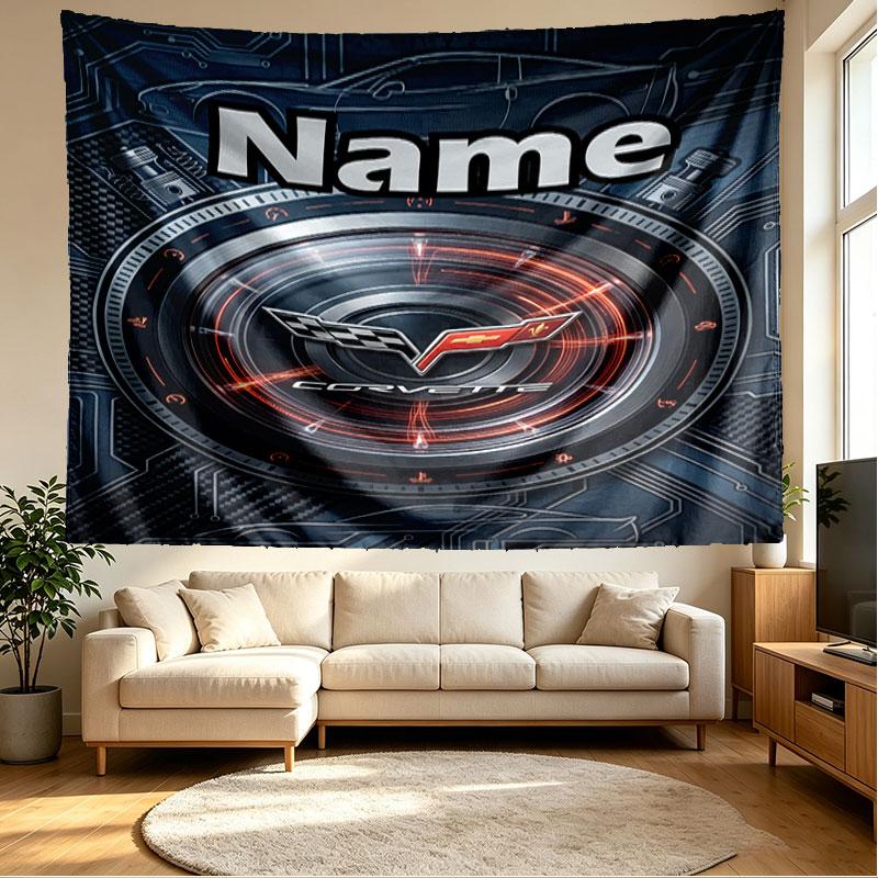 Custom Name Personalized Corvette Print Tapestry, Wall Art Decor, Bedroom, Dorm, Apartment, LivingRoom, Party Backdrop, Gift for Birthday