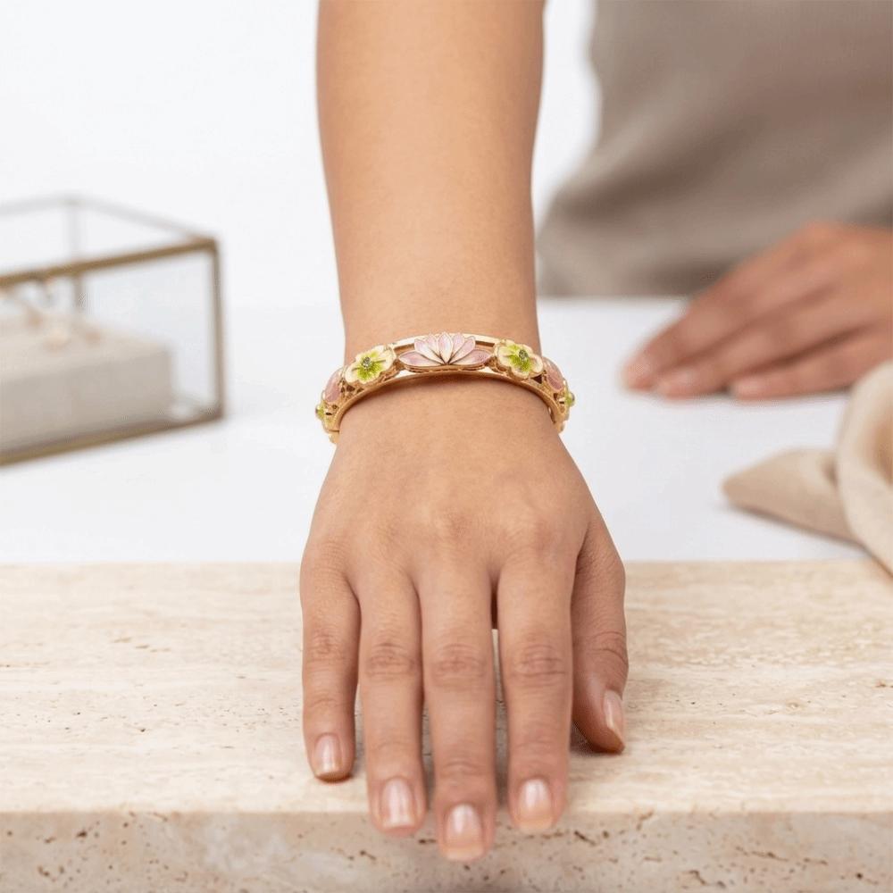 Gold Plated Enamel Floral Bangle Chinese Style Cloisonne Bangle Women's Flower Bracelet Ladies