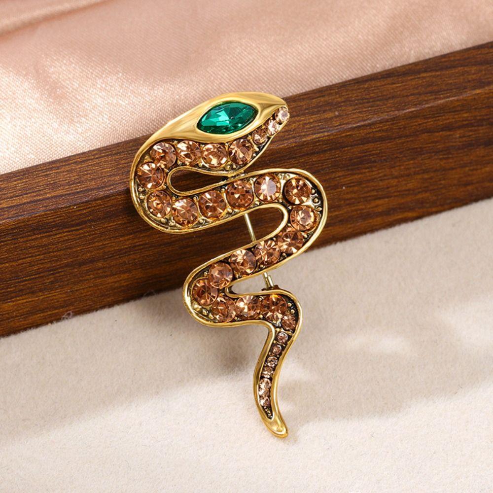 Zircon Zodiac Snake Brooch Vintage Metal Snake Lapel Pin Rhinestone Animal Collar Pins  New Year