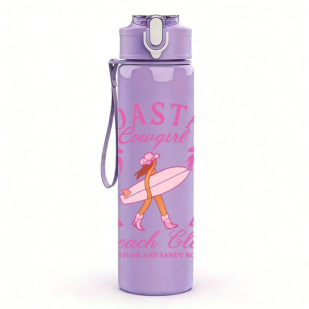 1PC Coastal Beach Club Surfer Print 750ml Color Plastic Sports Water Bottle Leakproof Flip Straw Lid Suitable for Sports Office Home Use